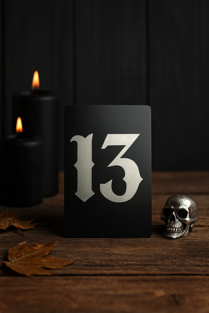 Black laser engraved anodized aluminum keepsake with the number 13 in silver, placed on a wooden surface with candles and a skull.