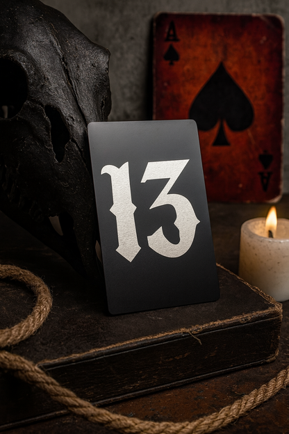 Black metal mini plaque with the number 13 on a dark background with a skull and candle.