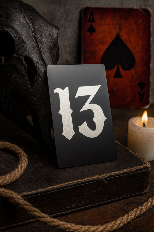 Black metal mini plaque with the number 13 on a dark background with a skull and candle.