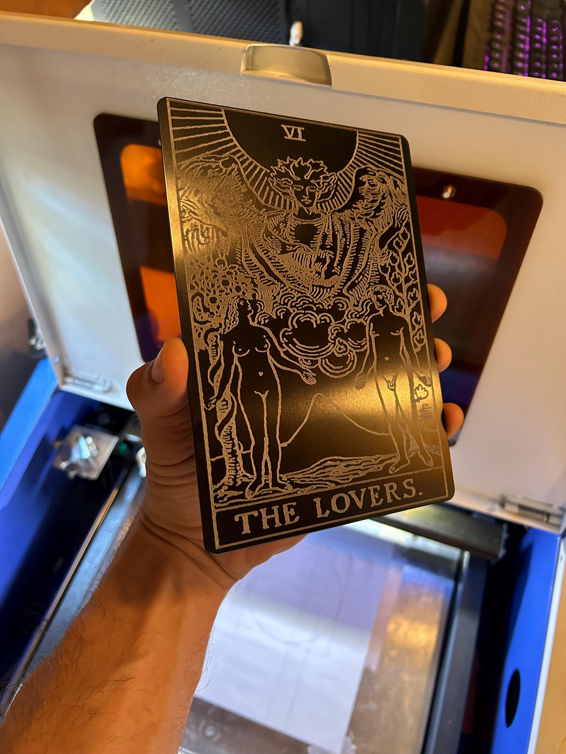5x7" metal decorative plaque with The Lovers tarot card design laser engraved
