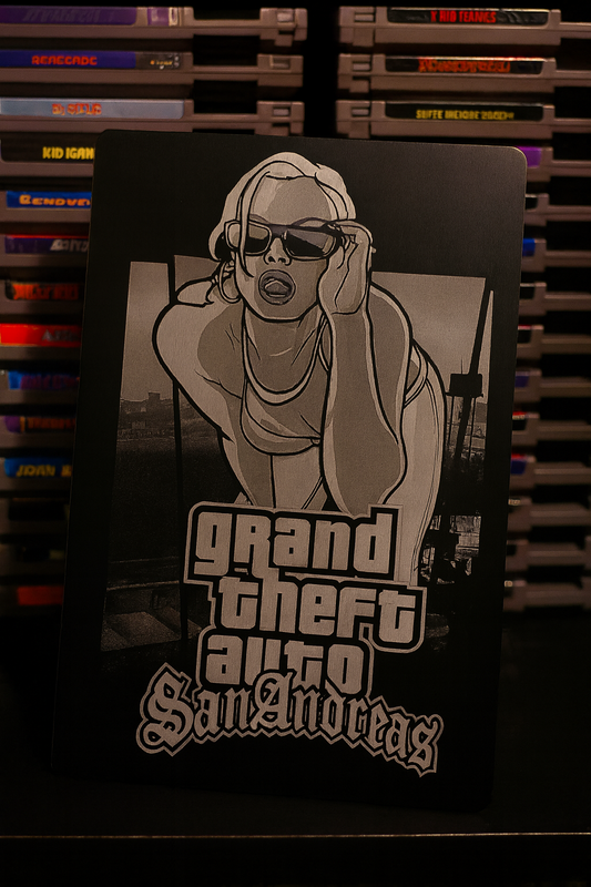 Stylized laser engraved box art playstation vintage throwback gifts of a 'video game character' on a video game collection background.