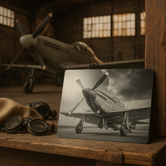 Laser engraved matte black/silver plaque on a wooden table with a blurred airplane in the background