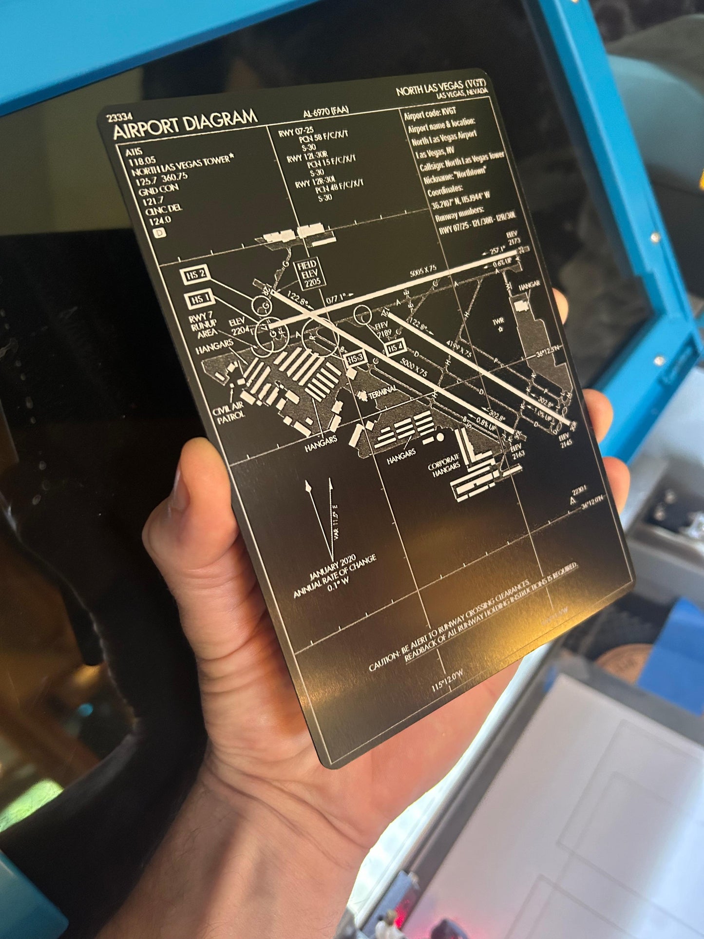 Laser engraved metal 5x7 airport diagram with custom laser engraving