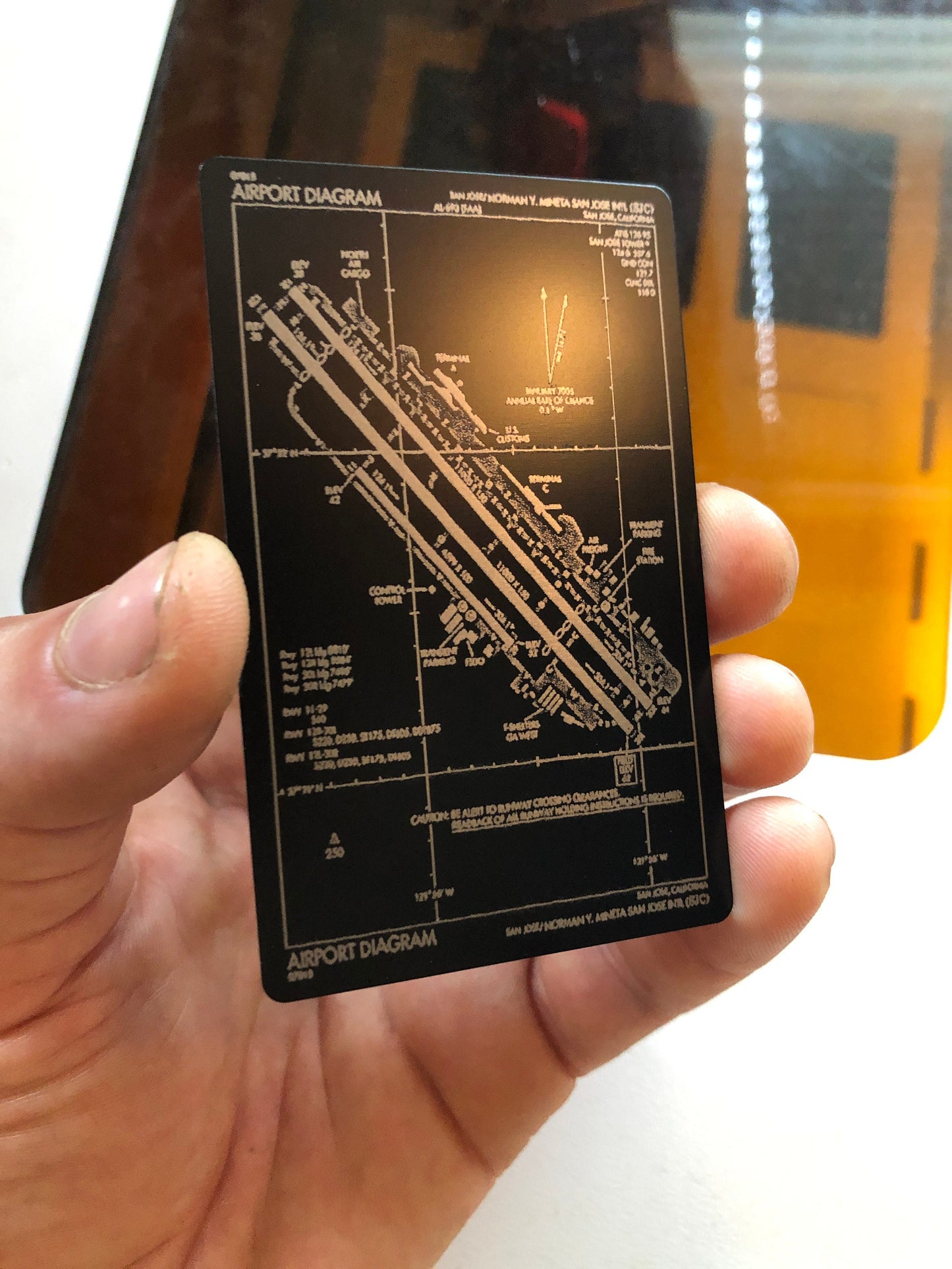 Laser engraved metal approach plate card in black/silver anodized aluminum