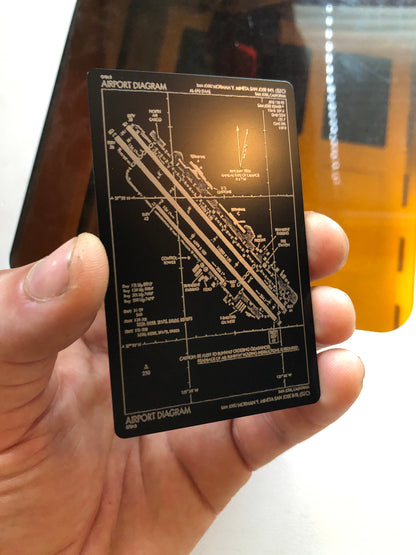 Laser engraved metal approach plate card in black/silver anodized aluminum