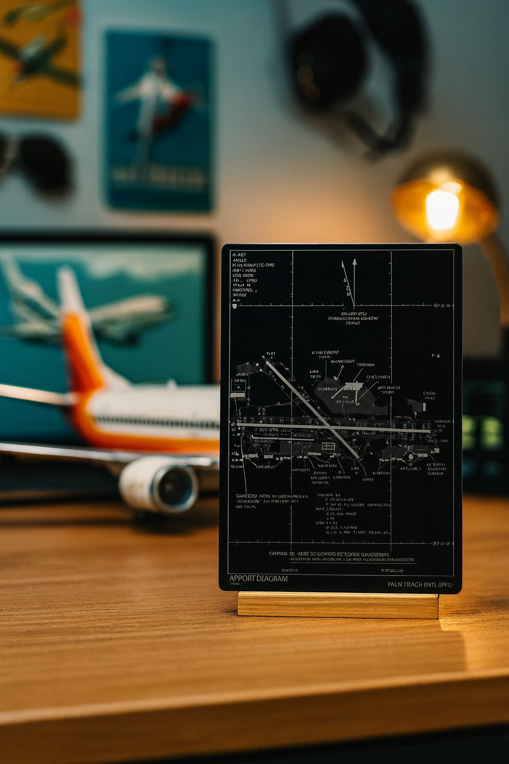 Black plaque with technical drawings on a wooden surface with model airplane in the background