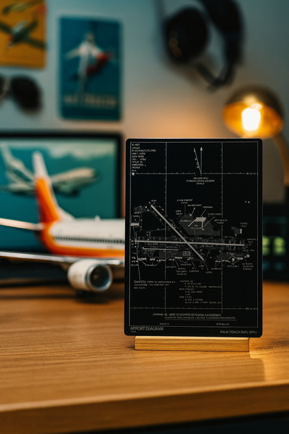 Black plaque with technical drawings on a wooden surface with model airplane in the background