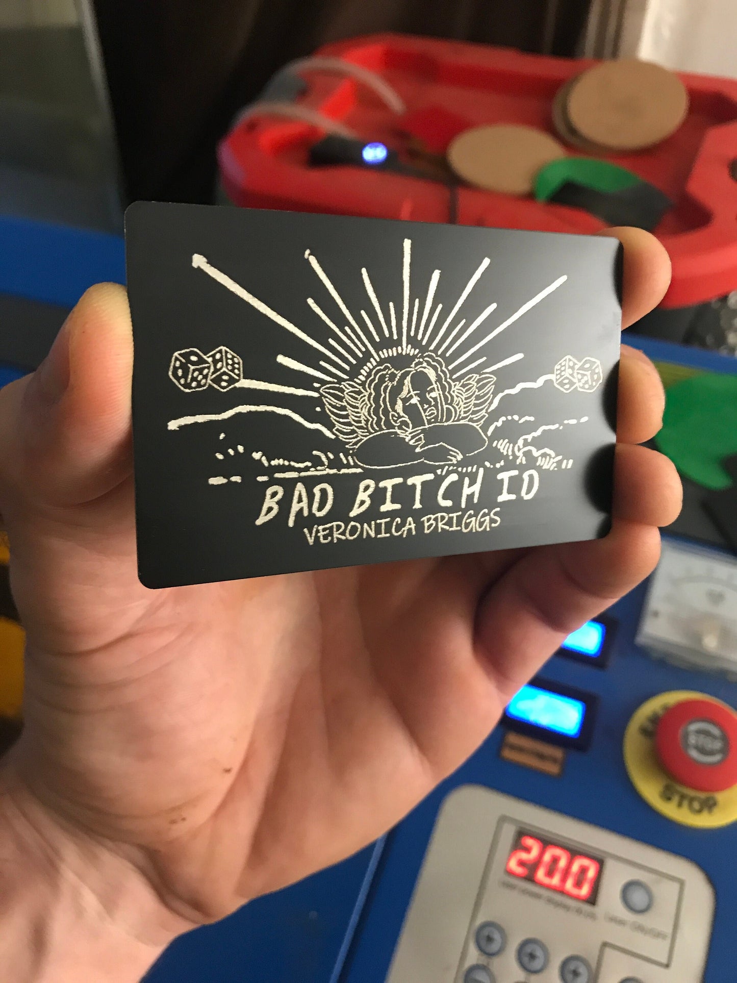 Metal gag gift card with Bad Bitch ID text and personalized name engraving