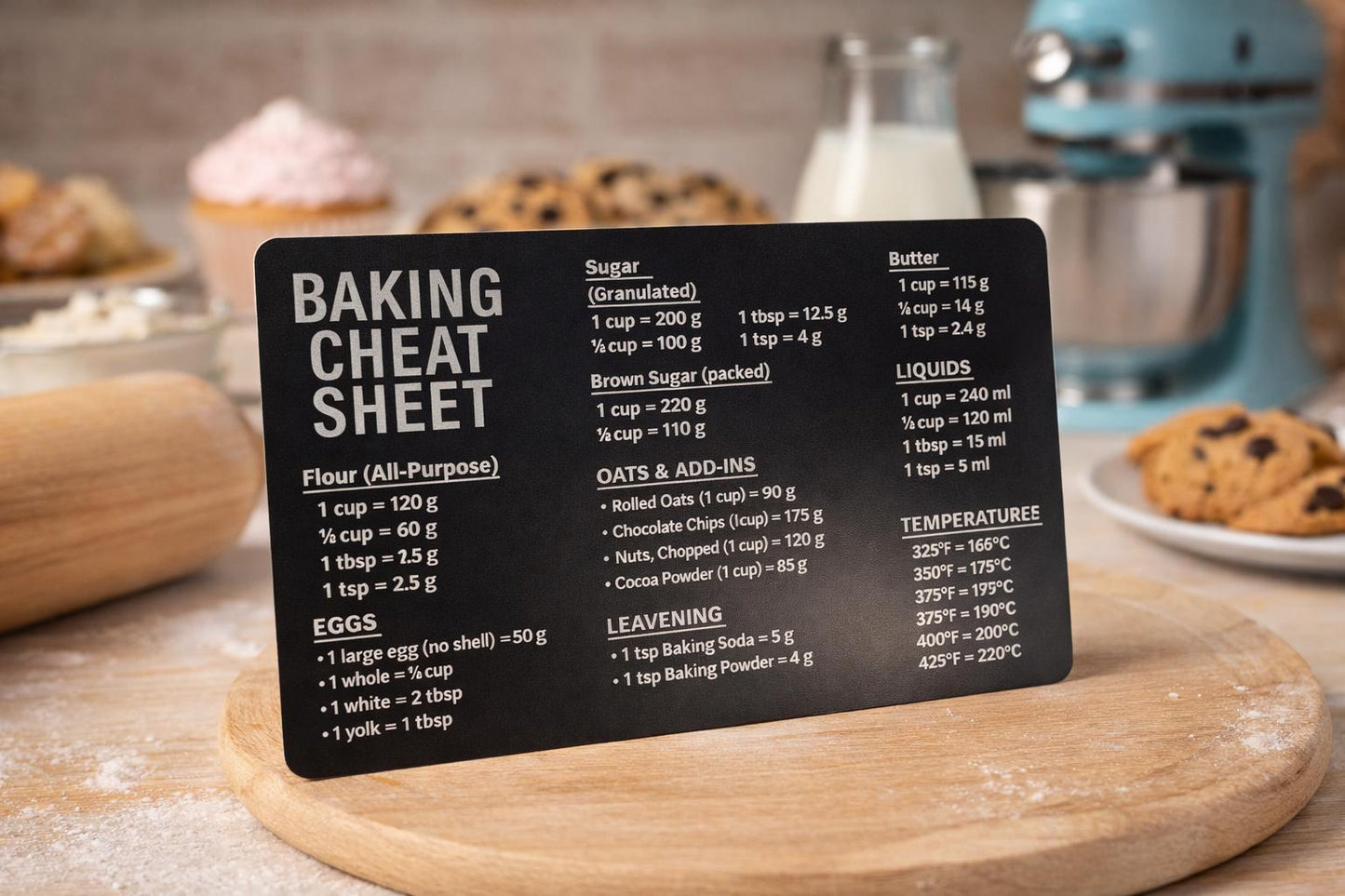 Laser engraved metal baker's cheat sheet conversion chart card