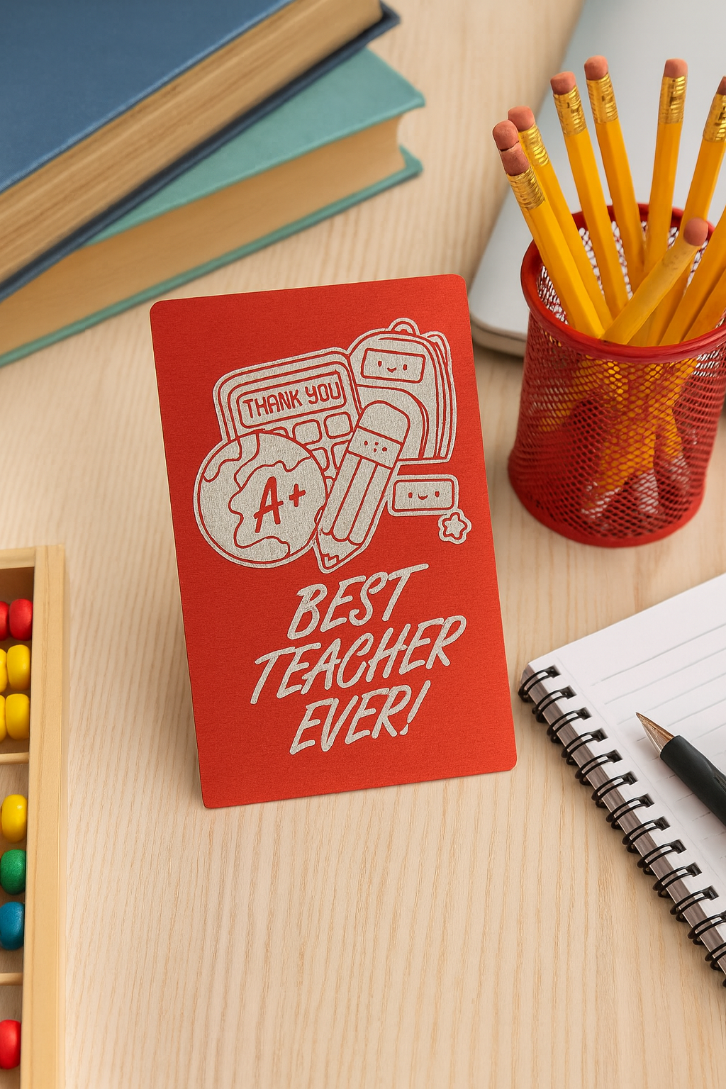 Red/silver laser engraved metal keepsake card with 'Best Teacher Ever!' on a desk with books, pencils, and a notebook.