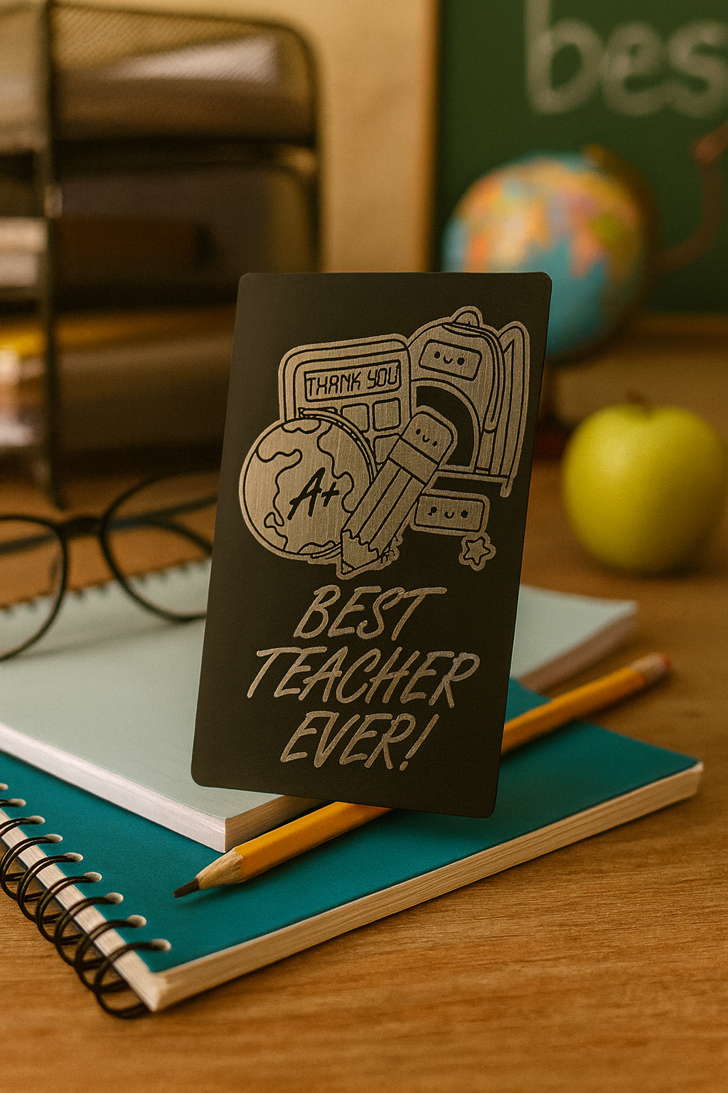 Notebook with 'Best Teacher Ever!' metal laser engraved card on a desk with educational items in the background
