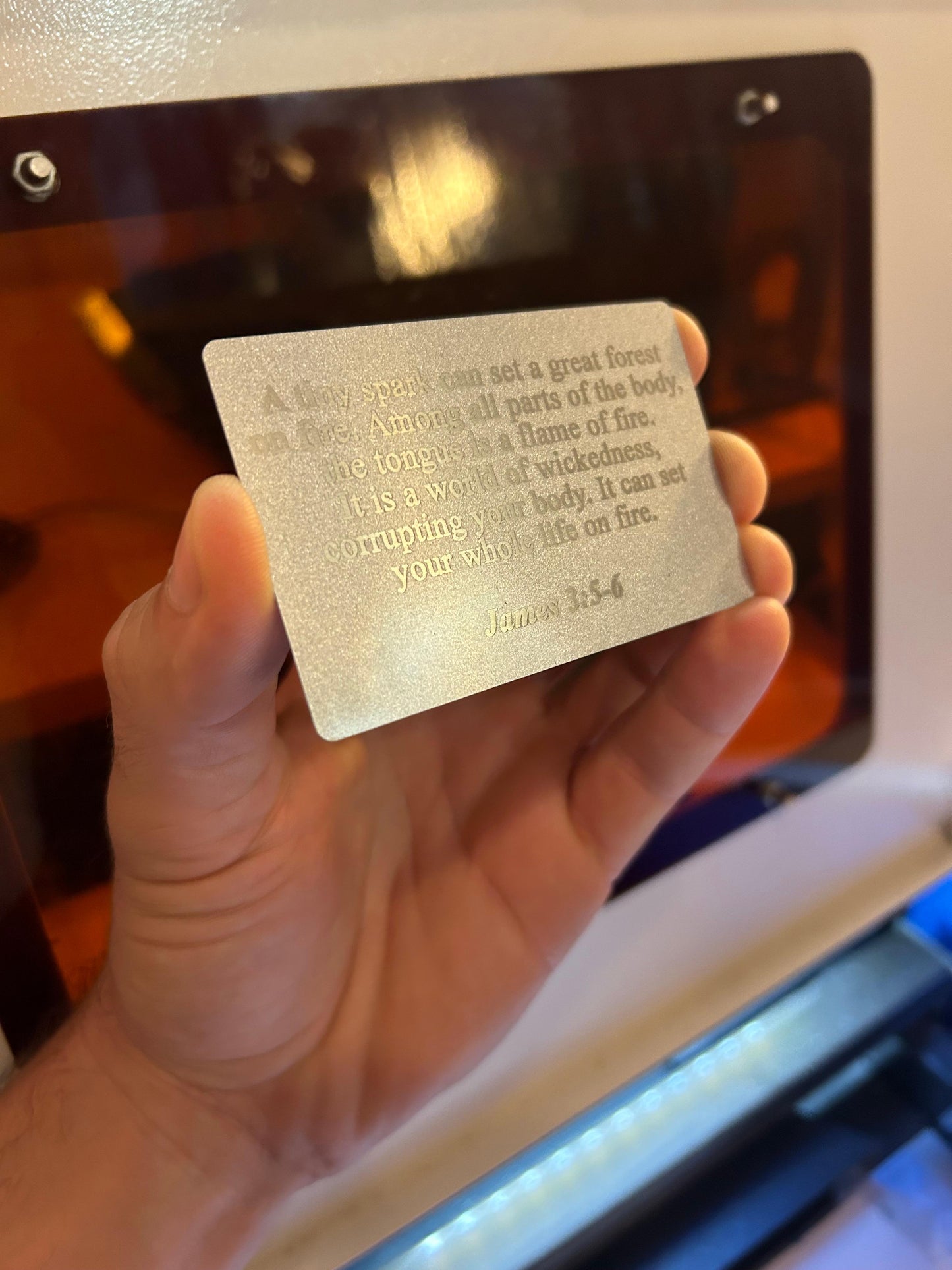 Laser engraved metal James 3:5-6 bible verse engraved in silver/silver anodized aluminum