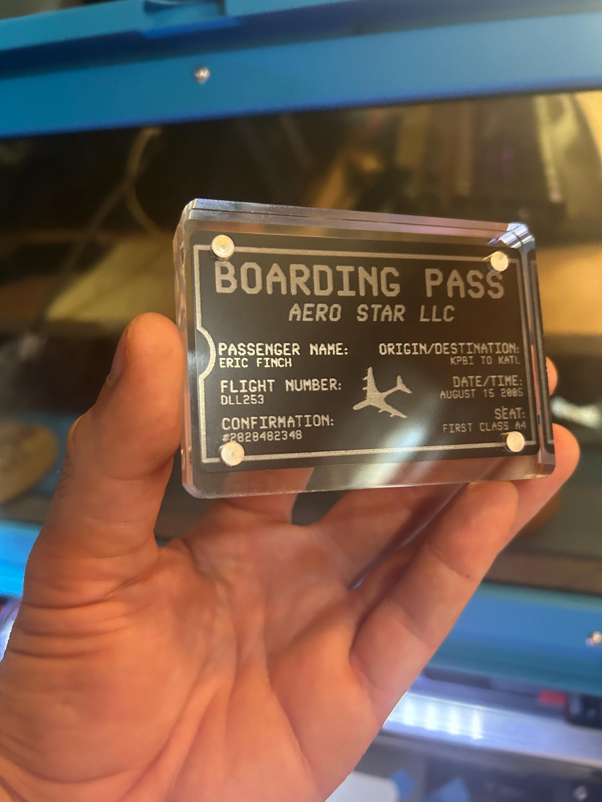 Metal laser engraved 'Boarding Pass' keepsake