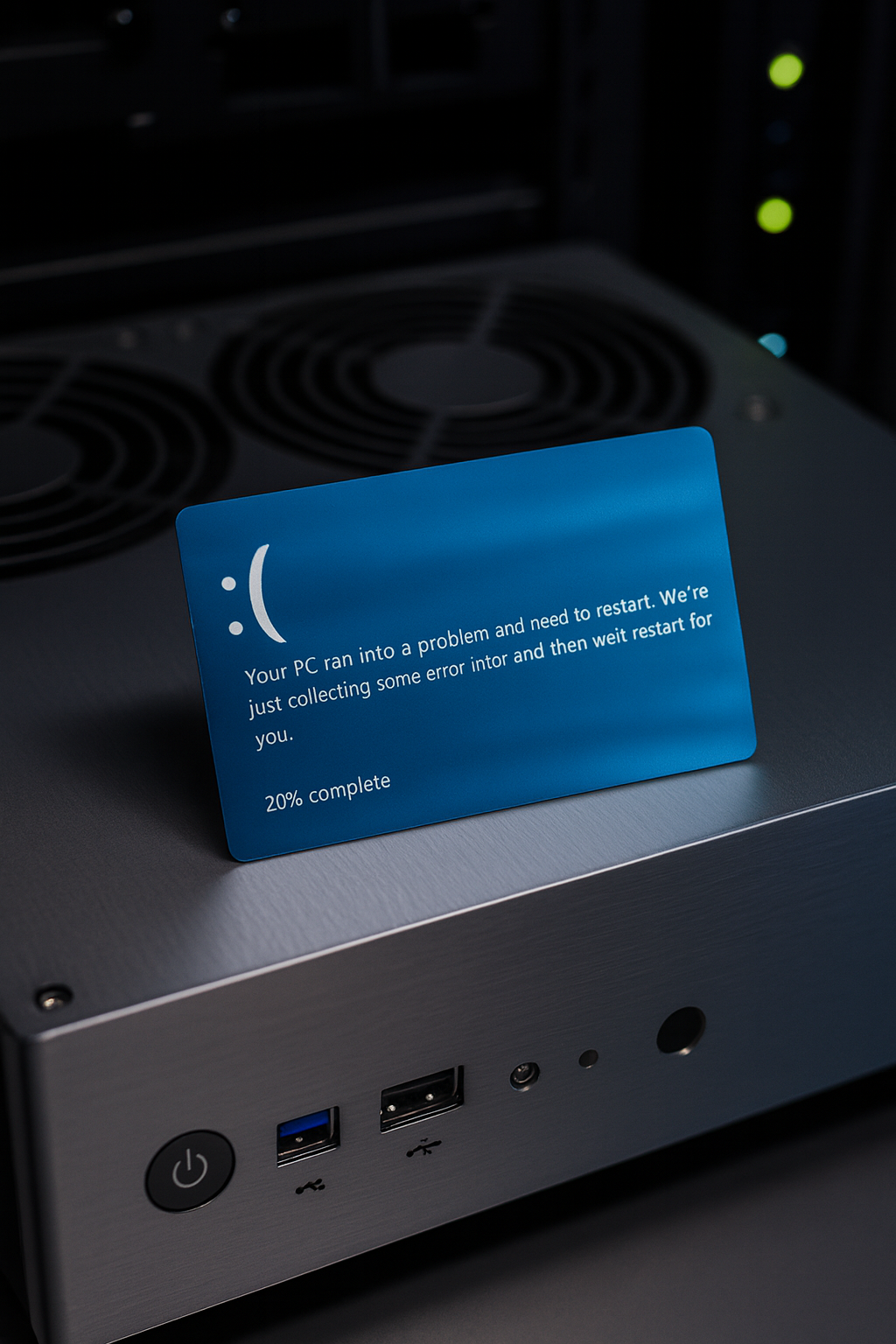 Computer case with a blue card displaying a blue screen error message