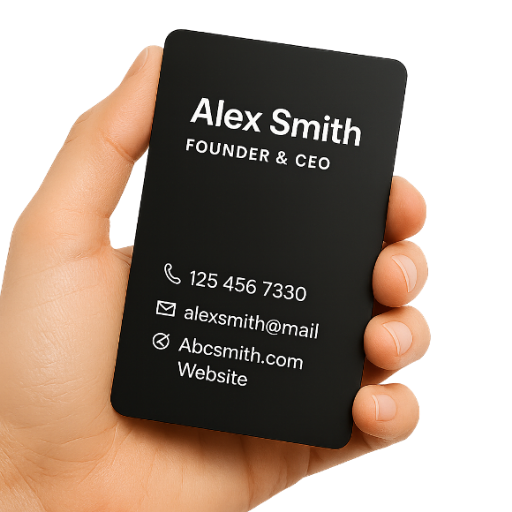 Example of custom engraved metal business card in black anodized aluminum