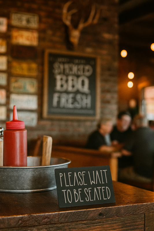 'Please Wait to be Seated' metal sign in a rustic restaurant setting.