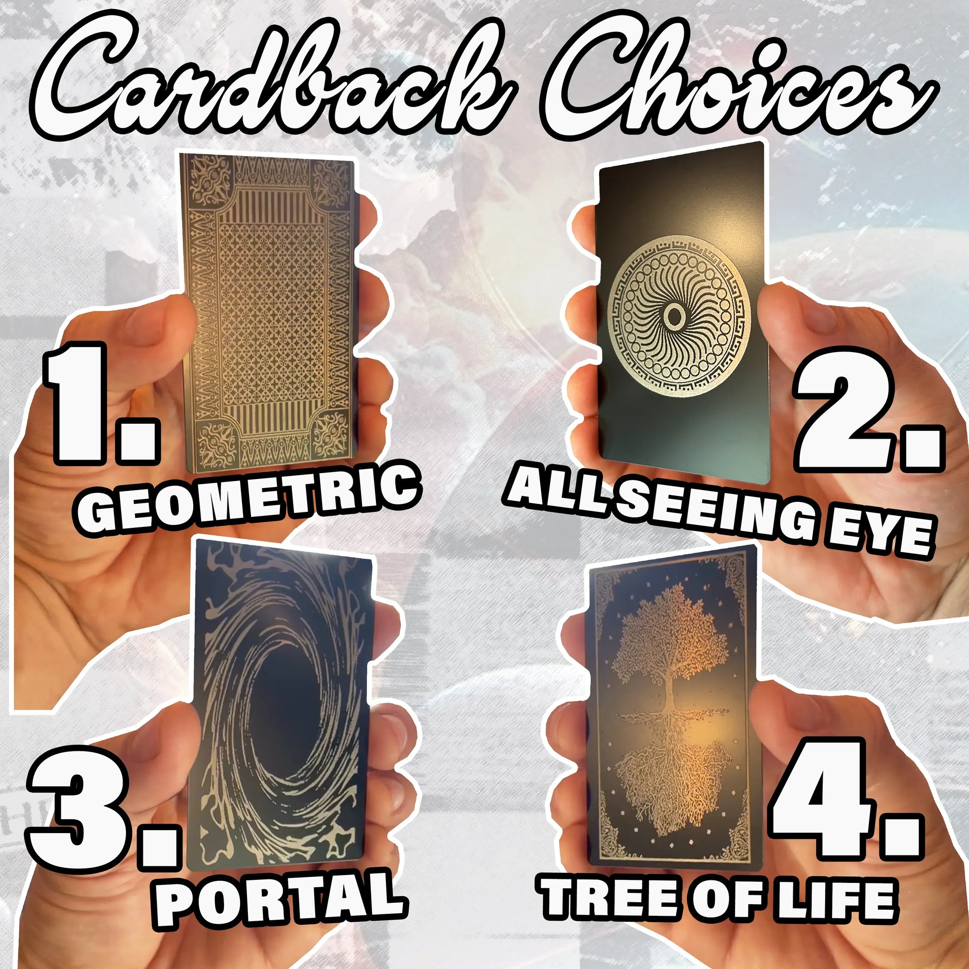 Four card designs labeled 'Geometric', 'All Seeing Eye', 'Portal', and 'Tree of Life' held by hands against a light background.