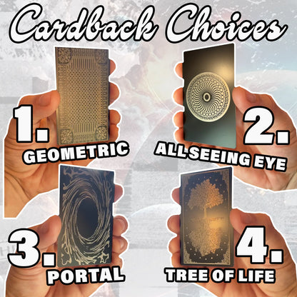 Four card designs labeled 'Geometric', 'All Seeing Eye', 'Portal', and 'Tree of Life' held by hands against a light background.
