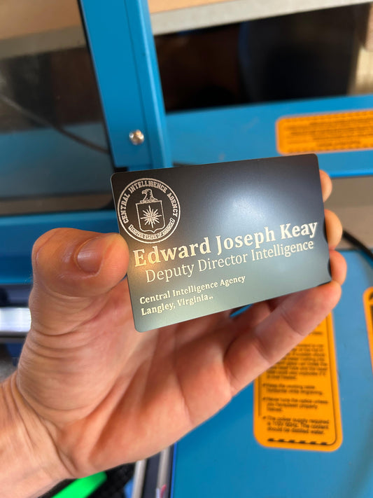 Laser engraved metal cosplay Deputy Director Intelligence CIA business card with personalized engraving
