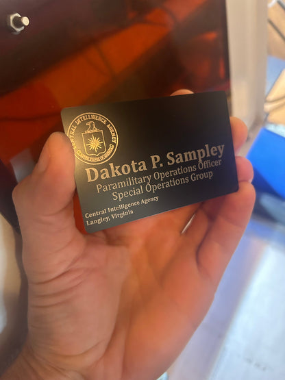 Metal laser engraved CIA agent card with personalized text