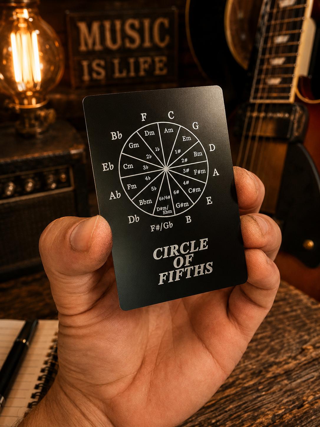 Metal Circle of Fifths reference flash card laser engraved in black/silver anodized aluminum