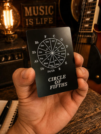 Metal Circle of Fifths reference flash card laser engraved in black/silver anodized aluminum