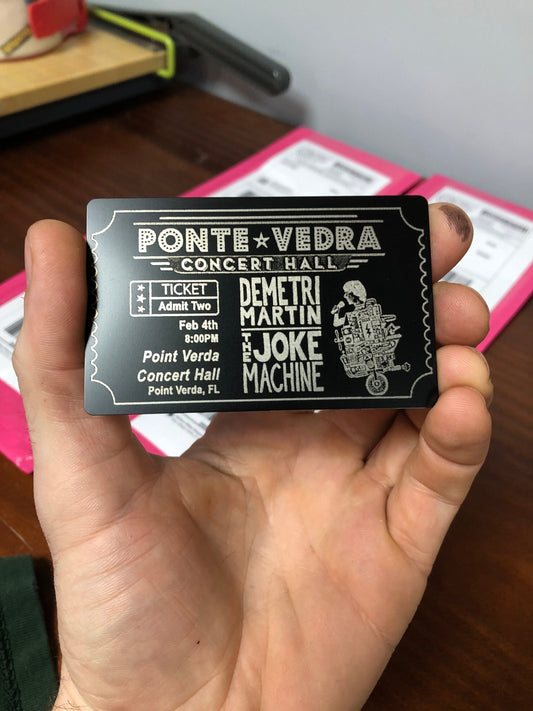 Custom metal concert ticket card, personalized laser engraving service