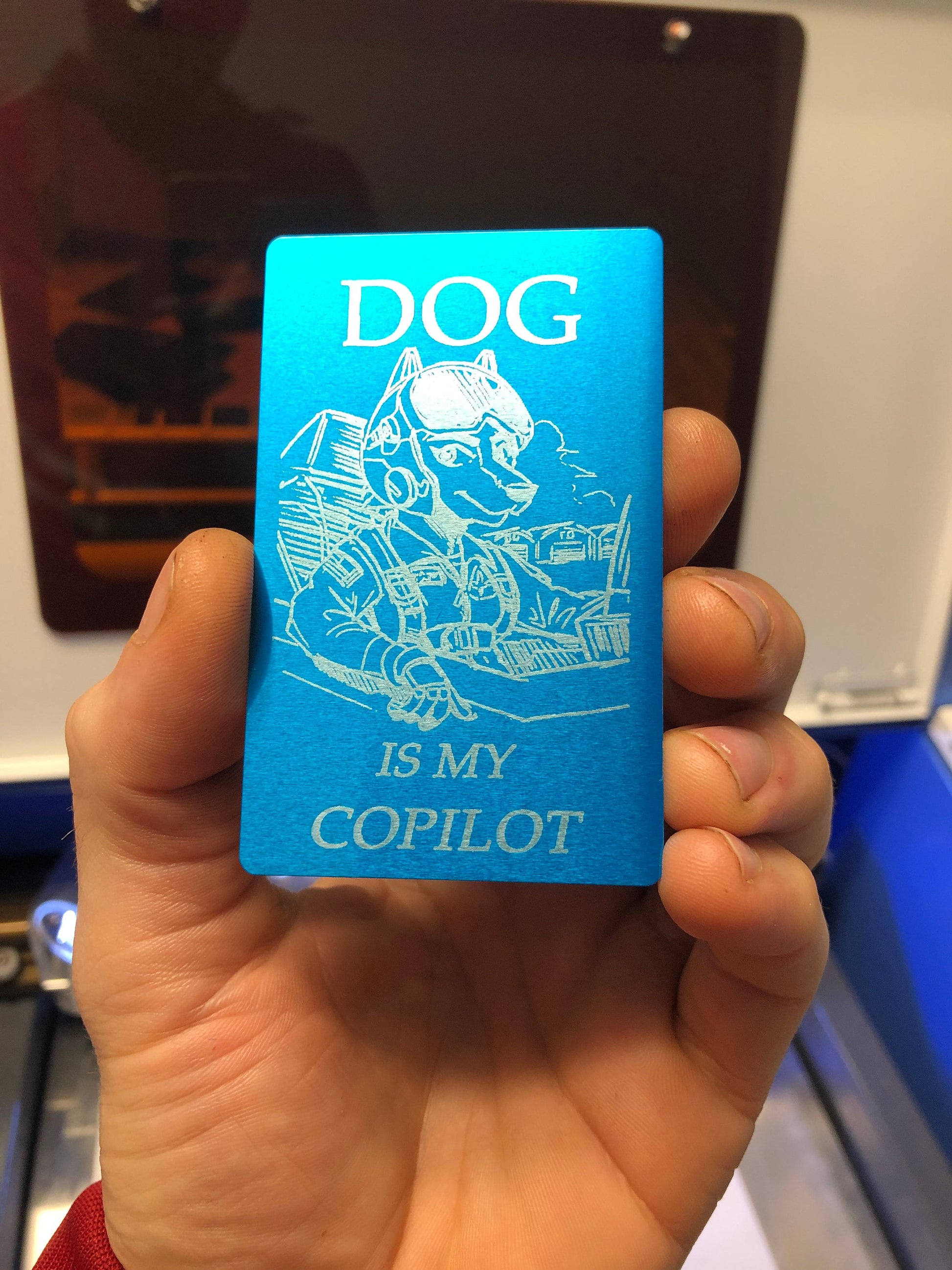 Metal friendsgiving gift card with Dog is my copilot graphic