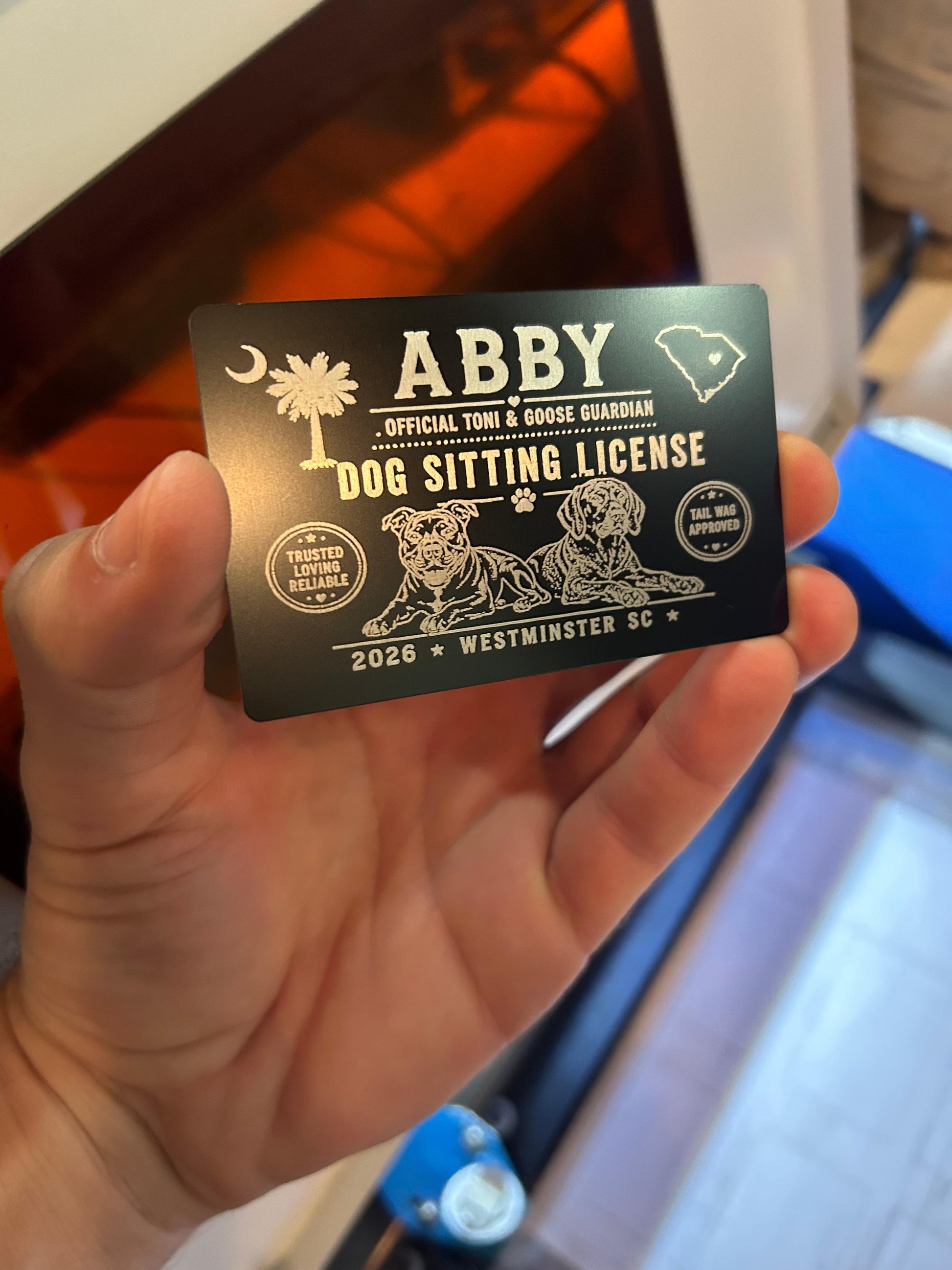 Laser engraved metal cute dog sitter card with personalized name and design