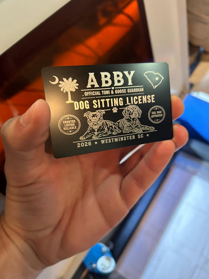 Laser engraved metal cute dog sitter card with personalized name and design