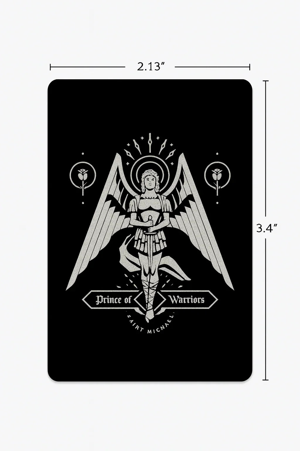 Black card with white angel illustration and product size demonstration on a white background