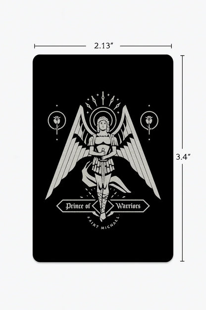 Black card with white angel illustration and product size demonstration on a white background