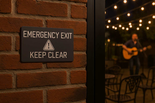 Metal emergency exit sign on a brick wall with a background of people and lights.