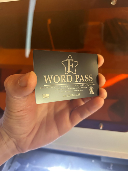 Metal novelty gag gift card, with personalized letter 'F WORD PASS' card