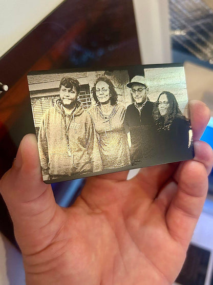 Laser engraved black and silver family portrait card in black/silver anodized aluminum