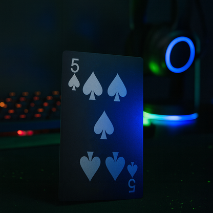 Metal five of spades playing card in front of a gaming computer
