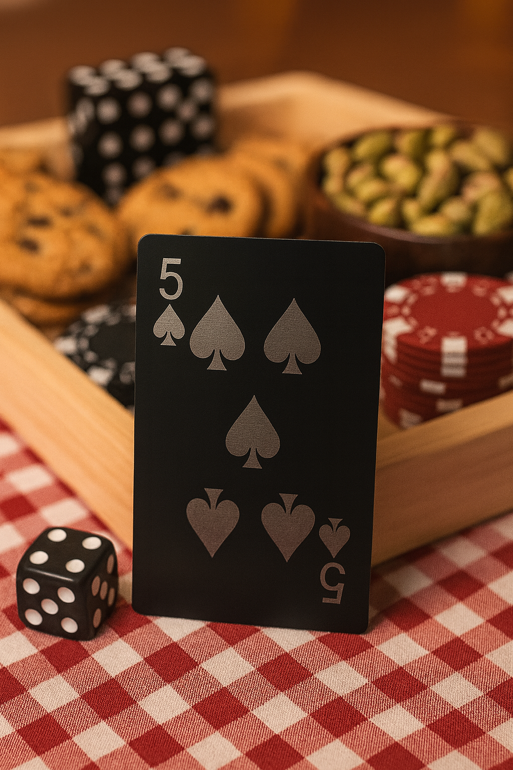Black metal Five of Spades laser engraved playing card, shown in a game night snack tray table