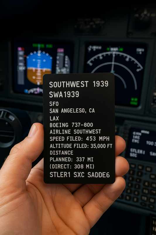 metal aviation card with flight information in front of an airplane cockpit dashboard.