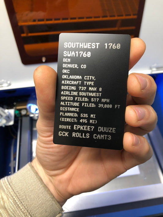 metal aviation keepsake card with custom flight plan engraving