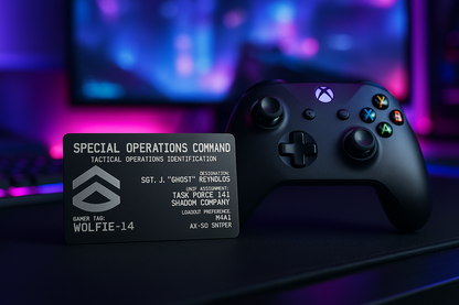 Gaming controller with a themed online gaming guild metal ID card with any personalized text/art on a blurred gaming setup background