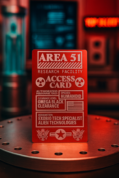 Red and silver metal 'Area 51' access card with a futuristic background