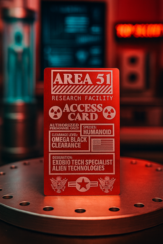 Red and silver metal 'Area 51' access card with a futuristic background