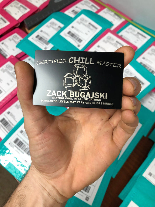 black metal business card with Chill Master graphic