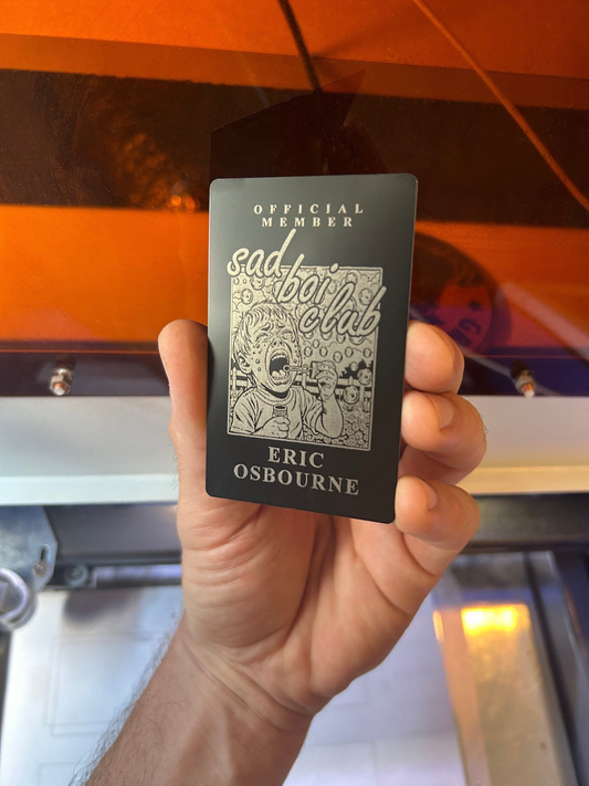 Metal official sad boi club member card, with personalized text