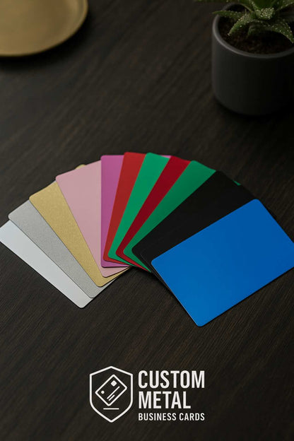 Set of custom metal business cards in various colors on a dark surface with 'Custom Metal Business Cards' branding.