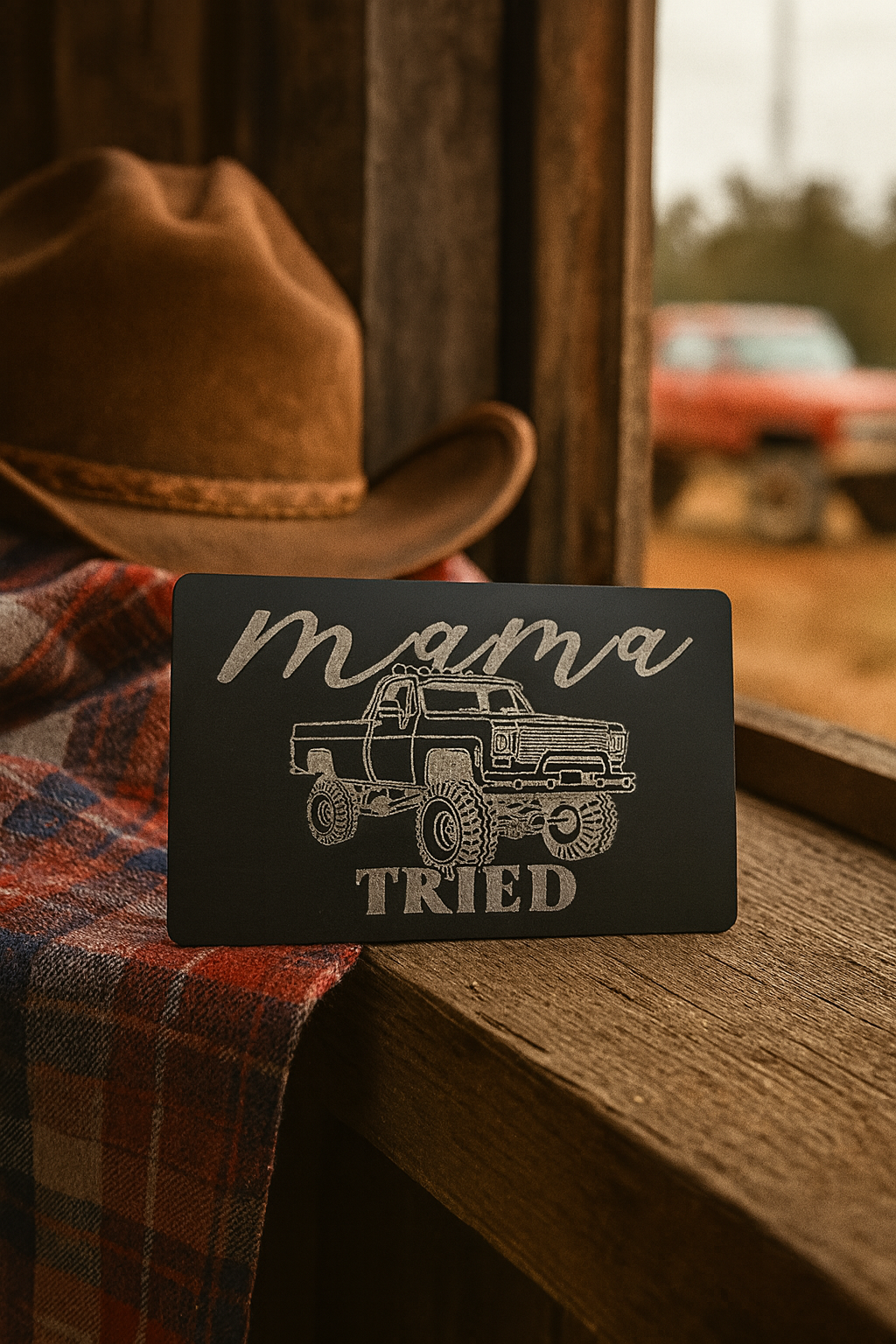 Laser engraved gift card with 'Mama Tried' design on a wooden surface with a cowboy hat and plaid fabric.