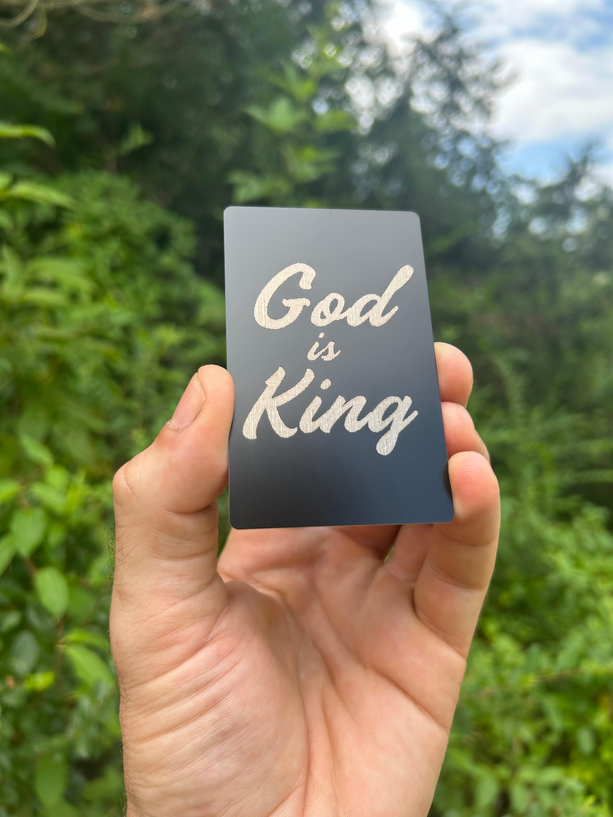metal laser engraved keepsake card with 'God is King' engraving