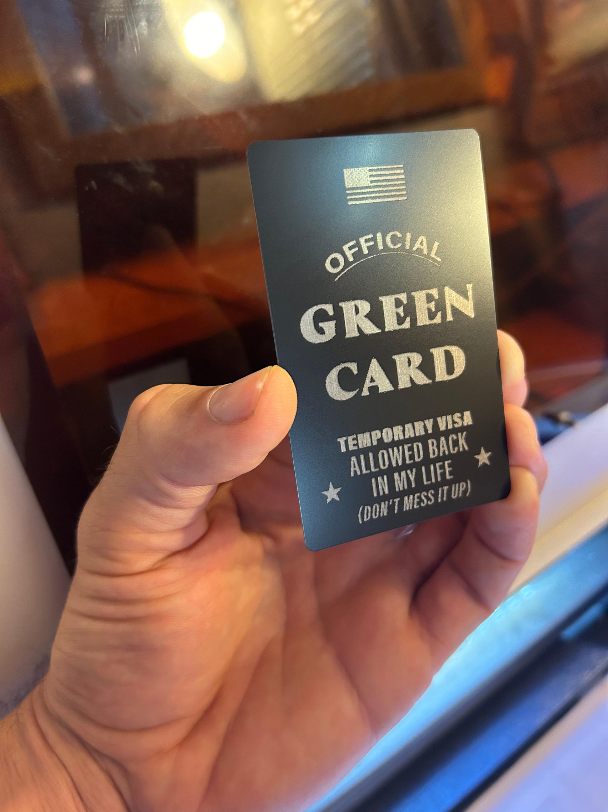 Metal Green Card gag gift with customized phrase engraving