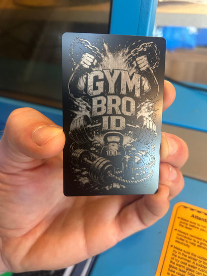 Metal Gym Bro ID card with detailed workout illustration engraving