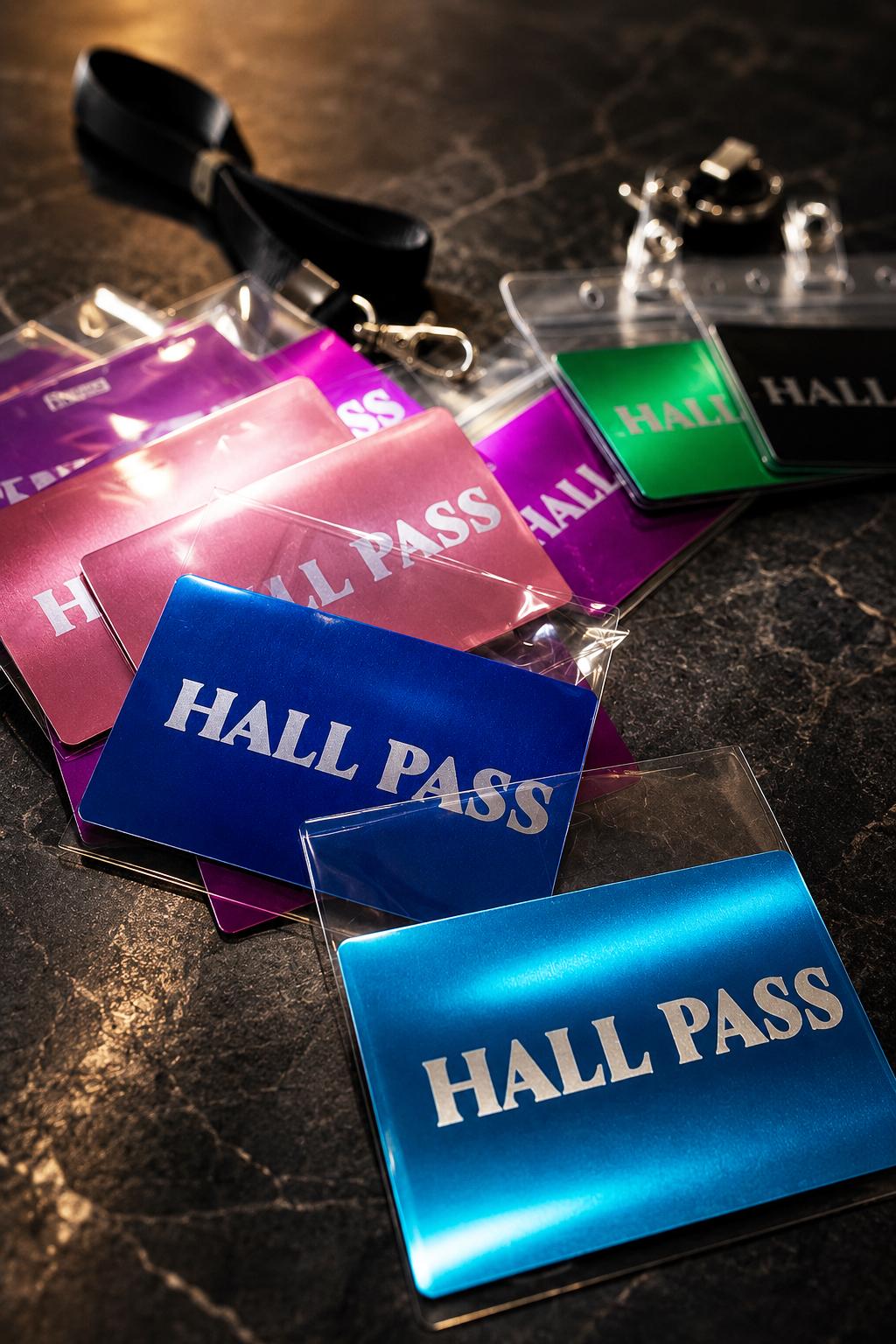 Laser engraved metal hall pass cards shown in purple, rose gold, blue, green and black anodized aluiminum